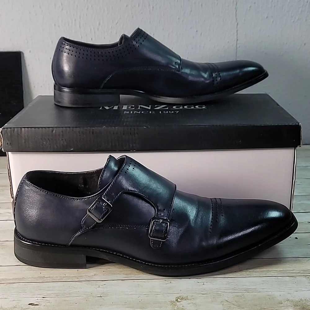 Menz GGG Double Monk Strap Men's Dress Shoes Navy Blue Pleather‎ Silver Hardware